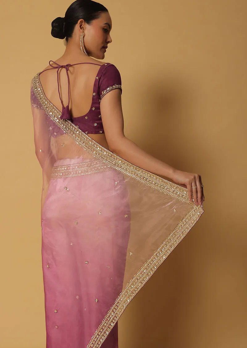 Pink Ombre Glass Organza Saree With Sequin Work Pallu