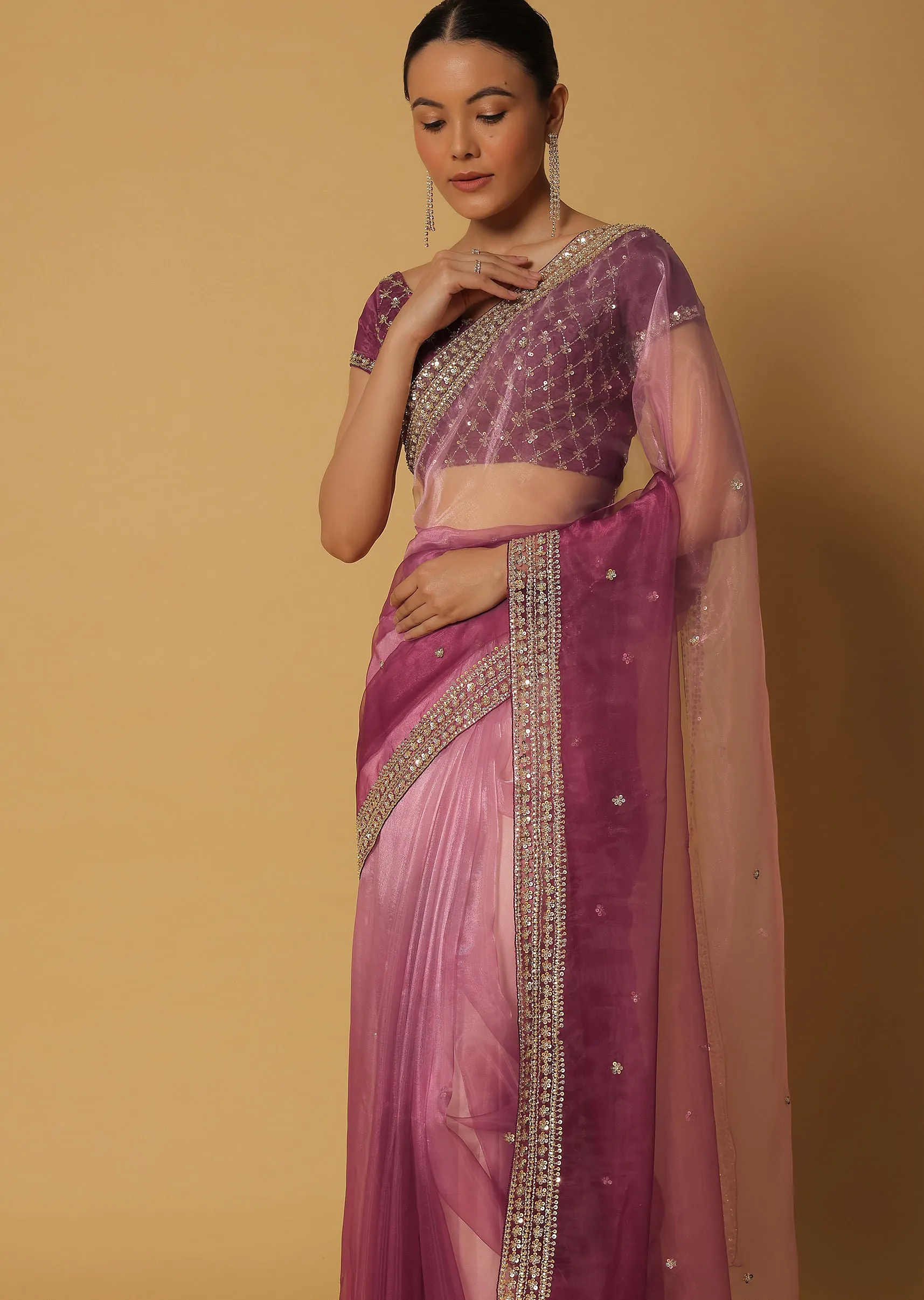 Pink Ombre Glass Organza Saree With Sequin Work Pallu