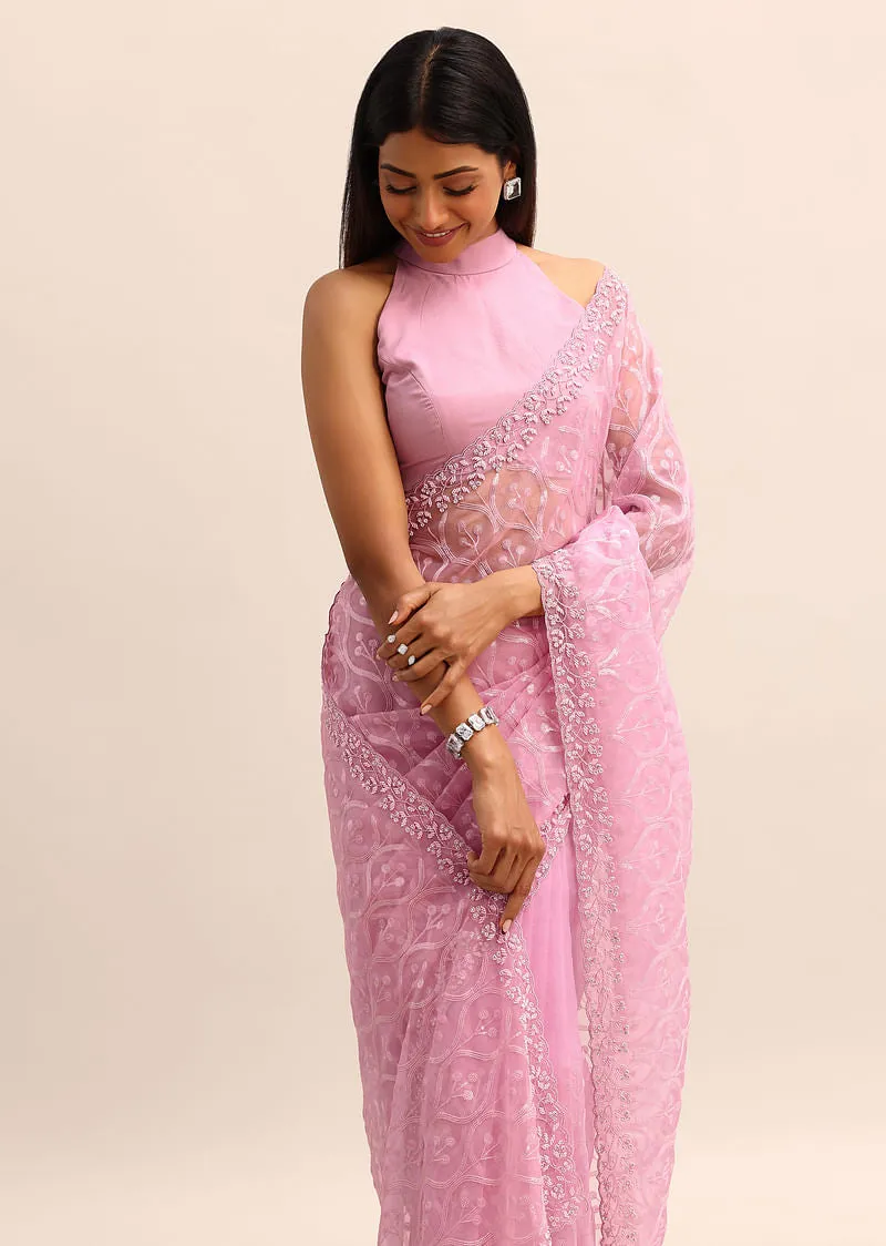 Pink Organza Saree With Embellished Scallop Border
