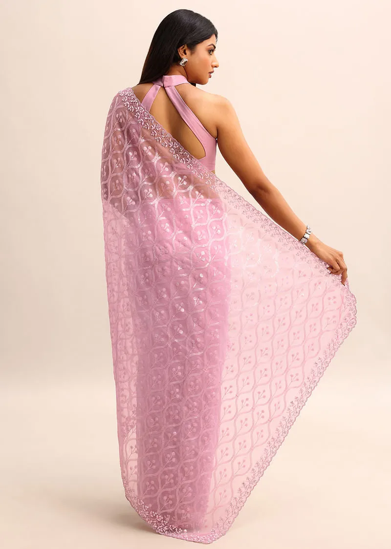 Pink Organza Saree With Embellished Scallop Border