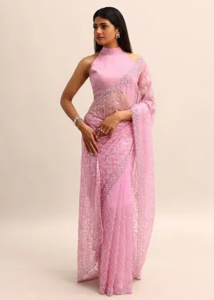 Pink Organza Saree With Embellished Scallop Border