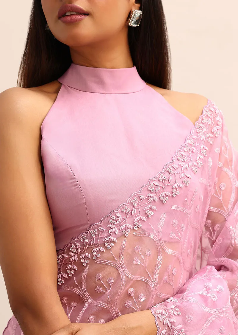 Pink Organza Saree With Embellished Scallop Border