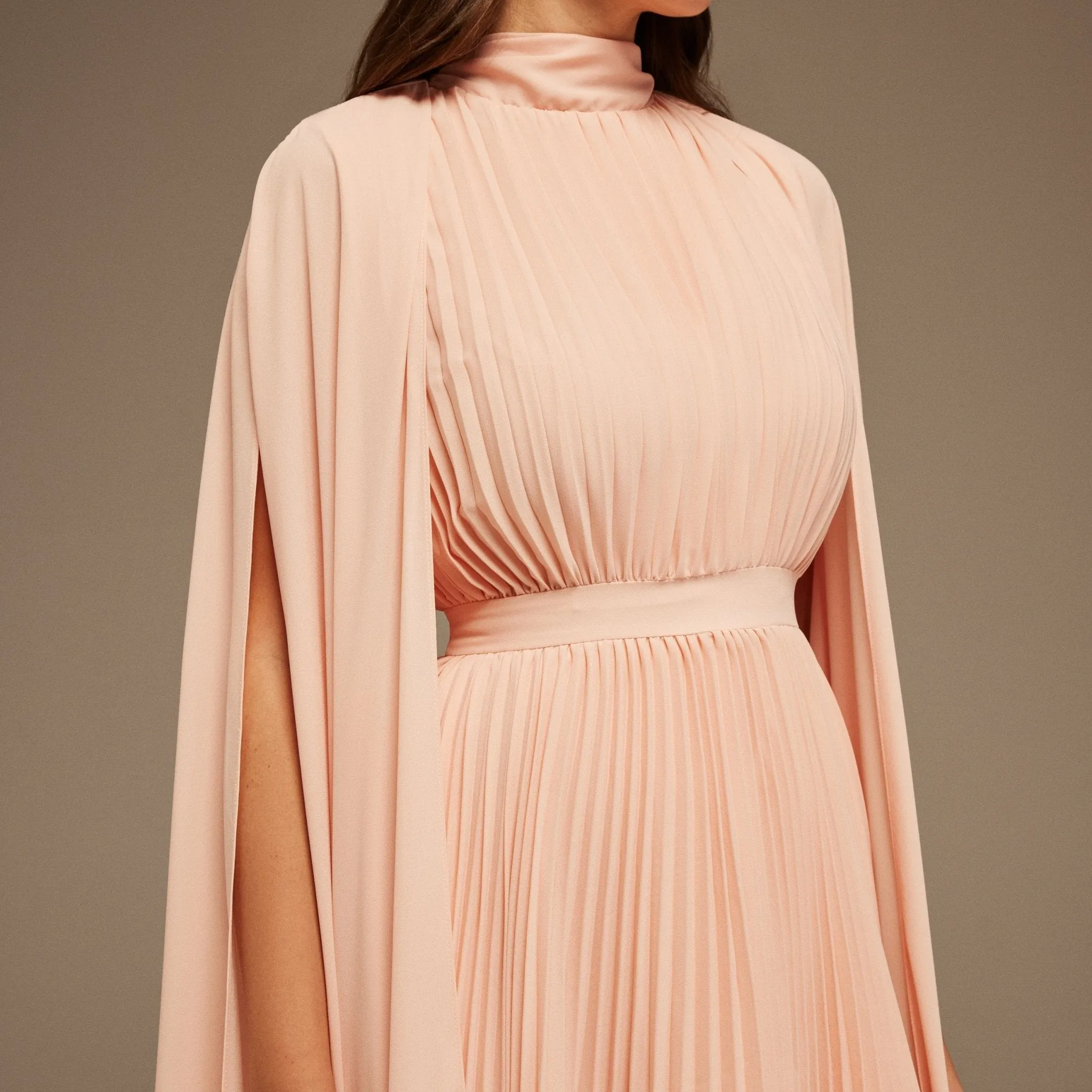Pink Pleated A-line Dress with Cape Sleeves and High Neck Scarf