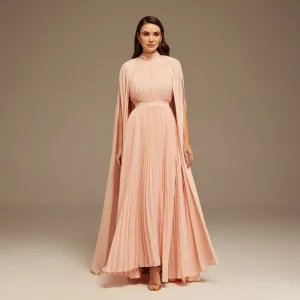 Pink Pleated A-line Dress with Cape Sleeves and High Neck Scarf