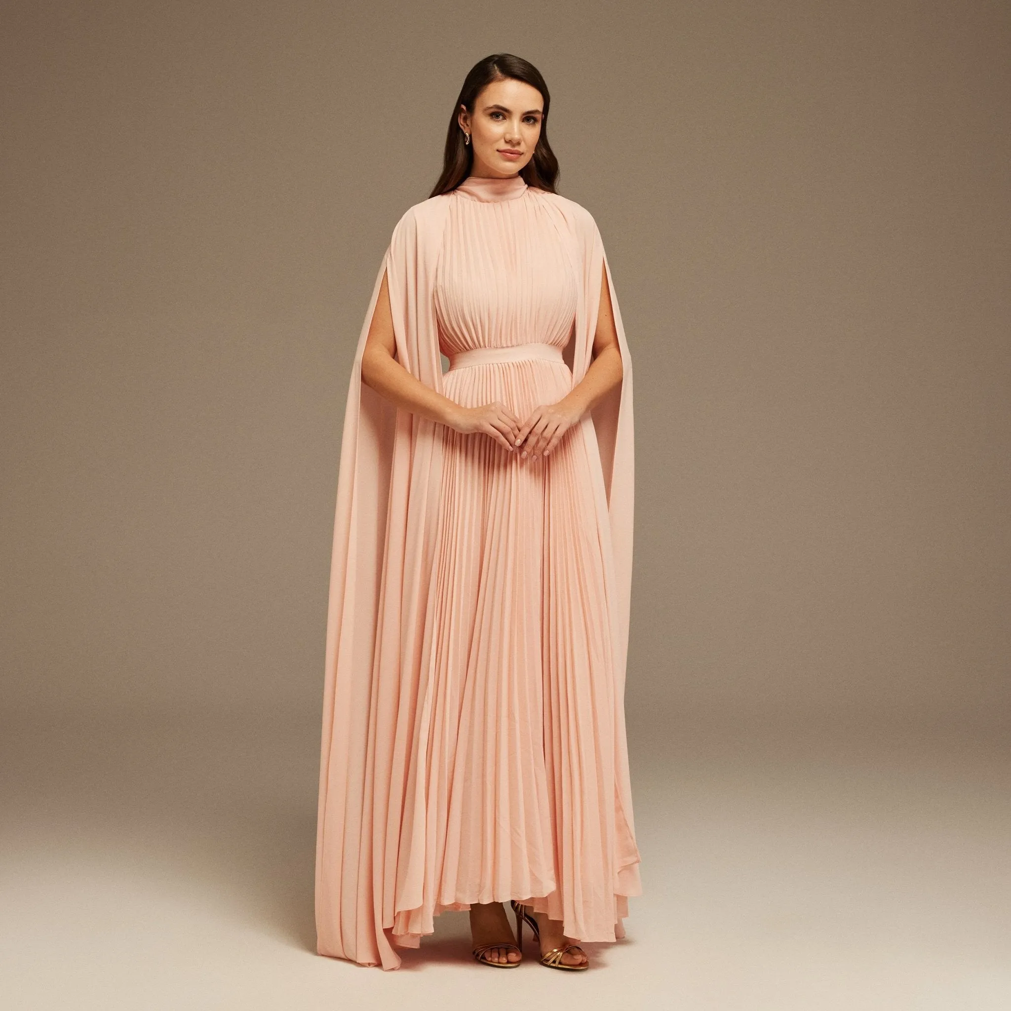 Pink Pleated A-line Dress with Cape Sleeves and High Neck Scarf
