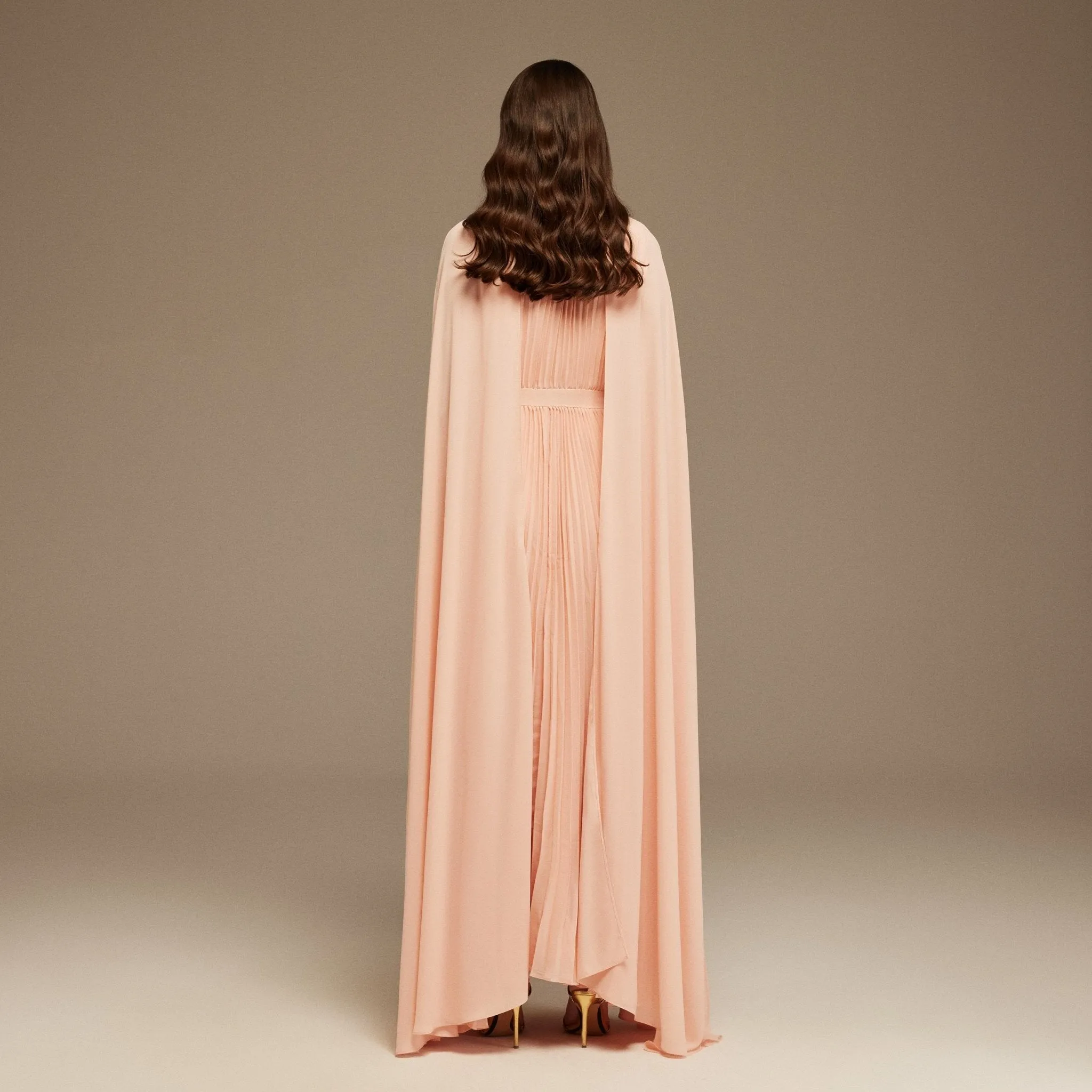 Pink Pleated A-line Dress with Cape Sleeves and High Neck Scarf
