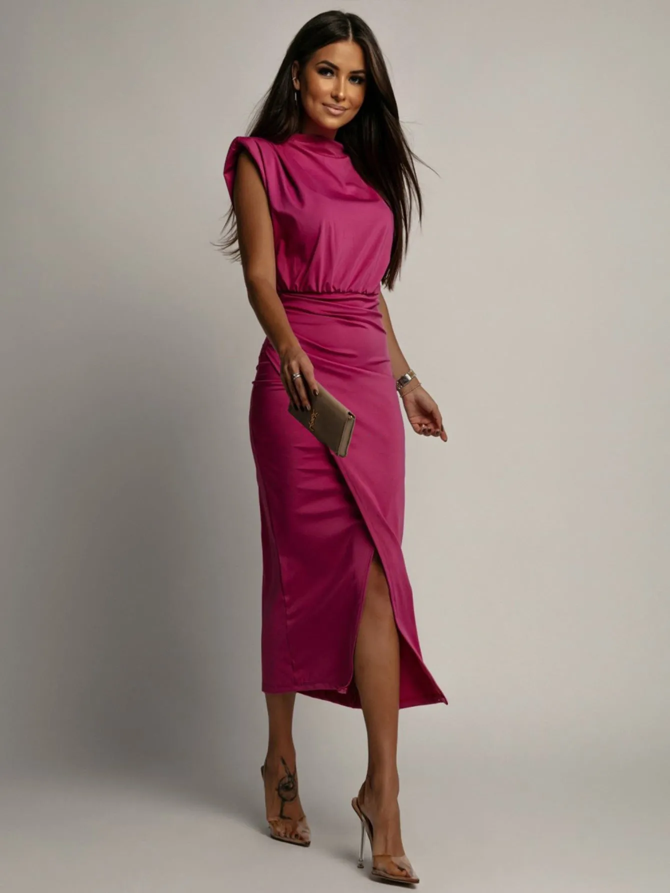 Pink Power Shoulder High Neck Dress