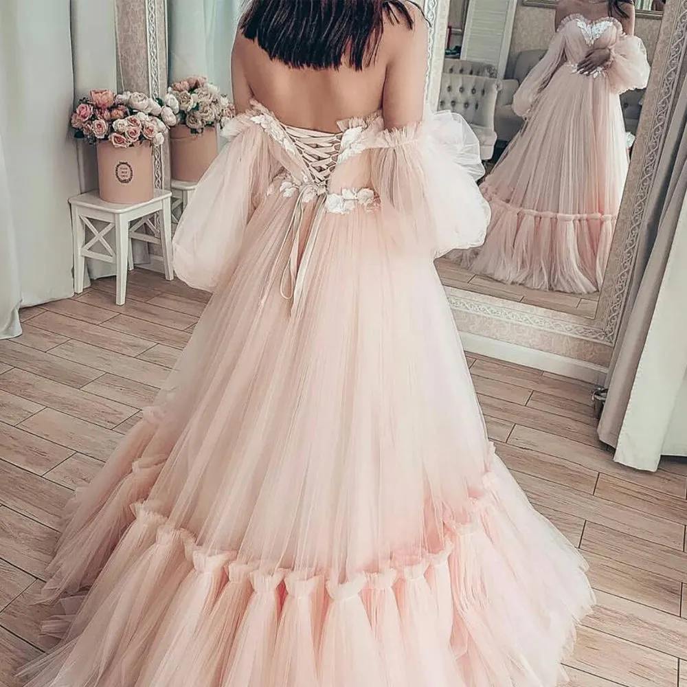 pink prom dresses ball gown lace applique elegant tulle a line prom gowns vestido de fiesta