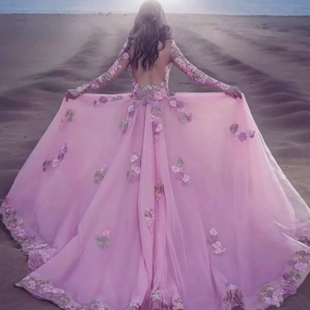 pink prom dresses with detachable train lace appliqué 3d flowers elegant prom gown long
