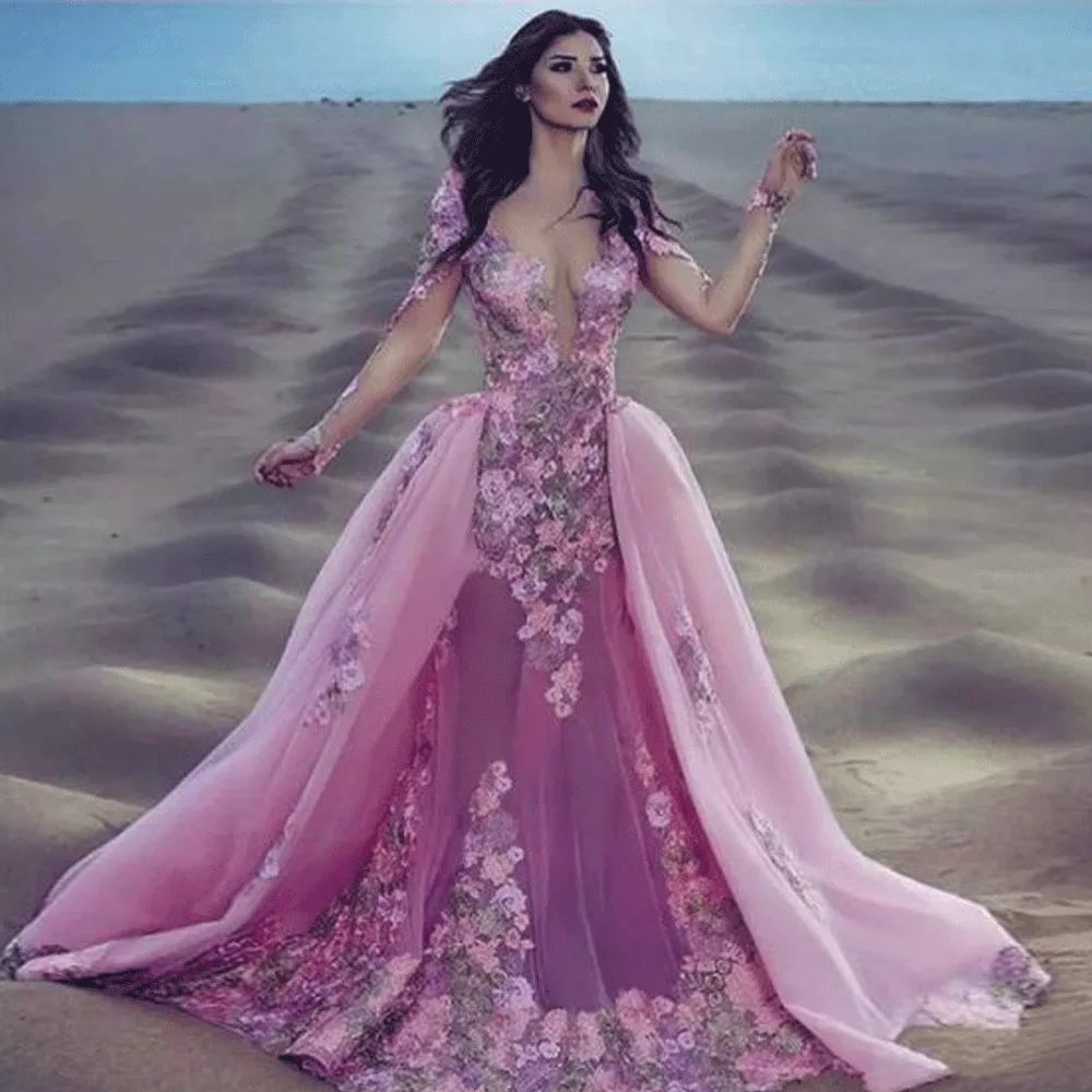 pink prom dresses with detachable train lace appliqué 3d flowers elegant prom gown long