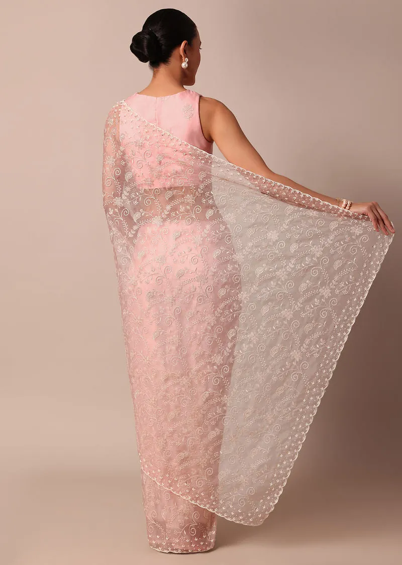 Pink Saree In Organza Silk With Chikankari Floral Work