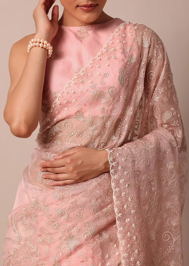 Pink Saree In Organza Silk With Chikankari Floral Work