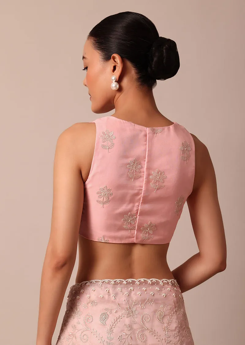 Pink Saree In Organza Silk With Chikankari Floral Work