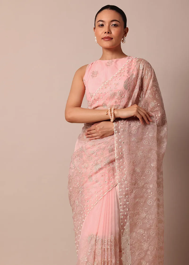 Pink Saree In Organza Silk With Chikankari Floral Work