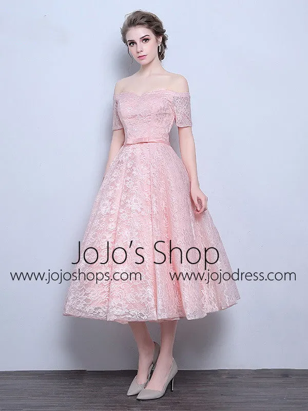 Pink Strapless Off Shoulder Tea Length Wedding Dress | DV3016
