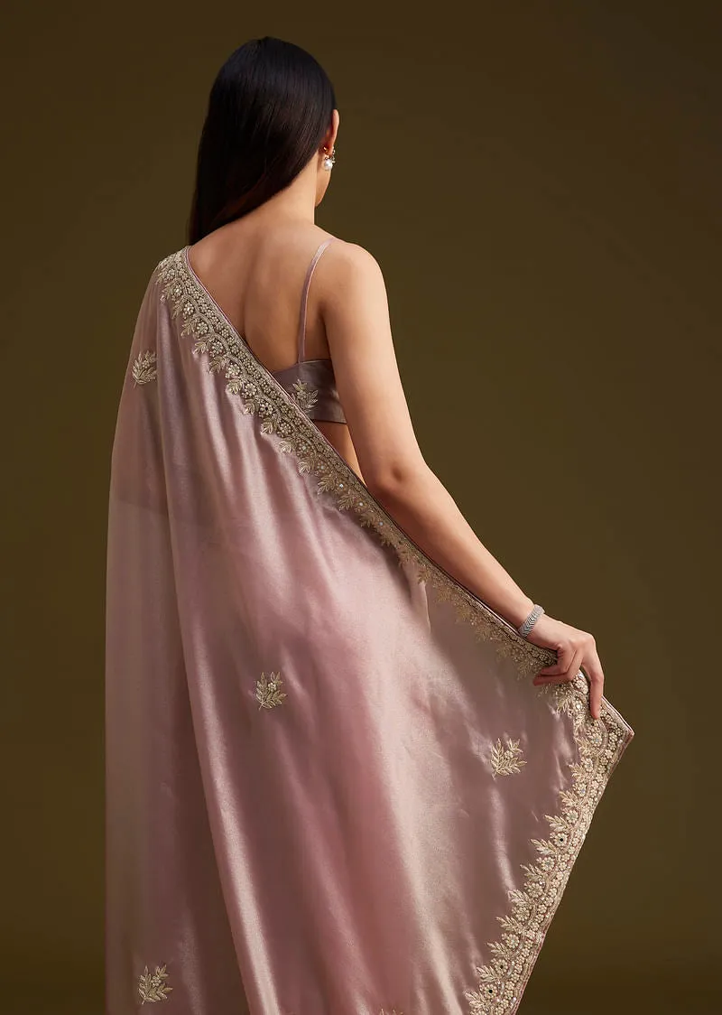 Pink Tissue Saree With Mirror And Sequins Embroidery
