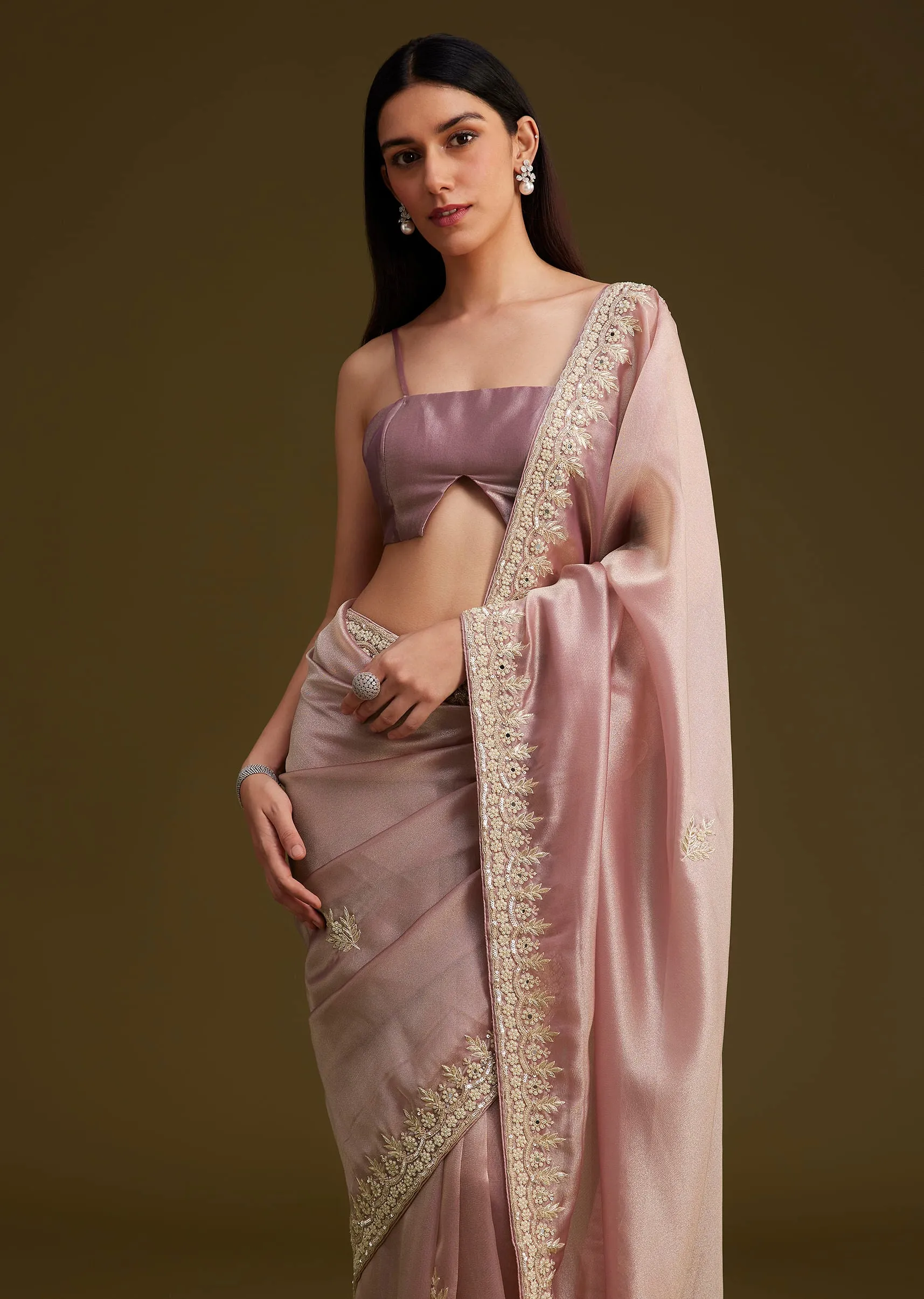 Pink Tissue Saree With Mirror And Sequins Embroidery