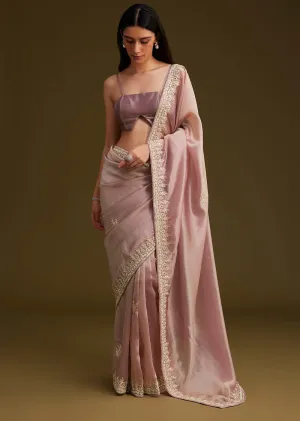 Pink Tissue Saree With Mirror And Sequins Embroidery