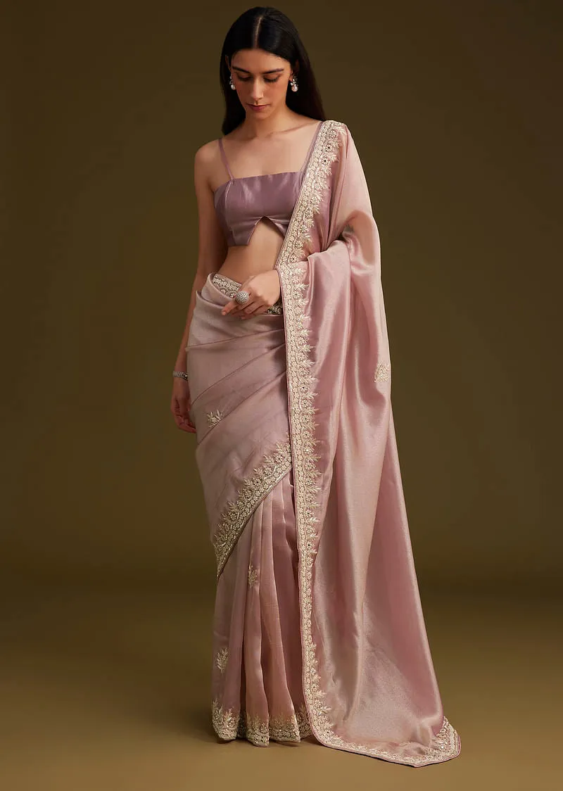 Pink Tissue Saree With Mirror And Sequins Embroidery