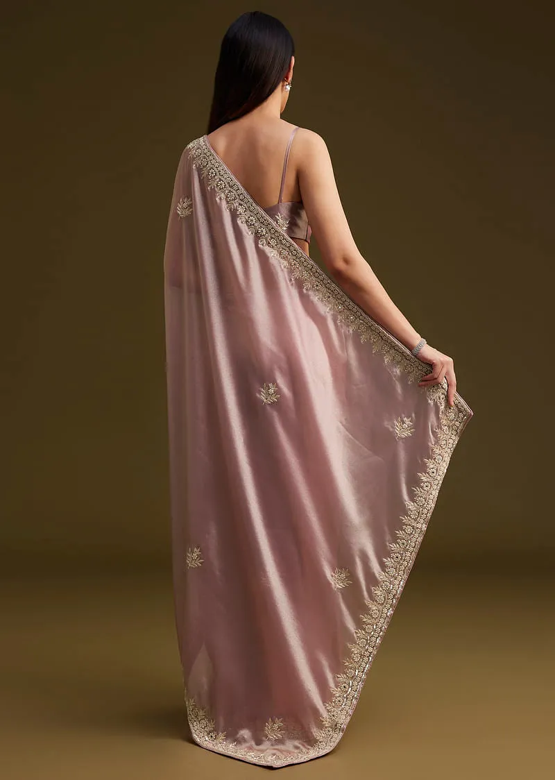 Pink Tissue Saree With Mirror And Sequins Embroidery