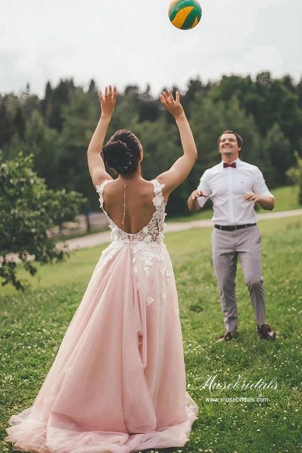 Pink Tulle A-line Backless Wedding Dress With Lace Appliques, Bridal Gown, MW944