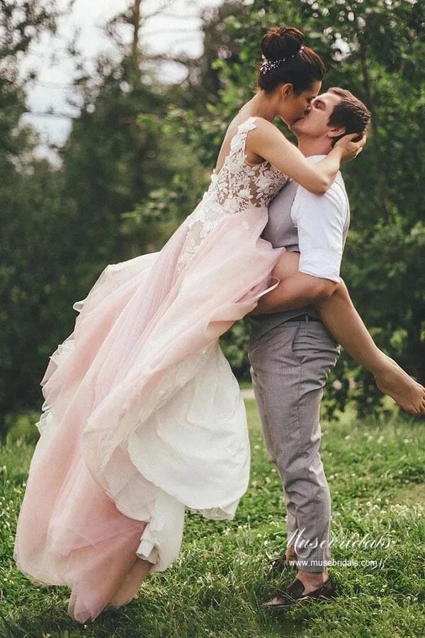 Pink Tulle A-line Backless Wedding Dress With Lace Appliques, Bridal Gown, MW944