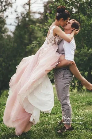 Pink Tulle A-line Backless Wedding Dress With Lace Appliques, Bridal Gown, MW944