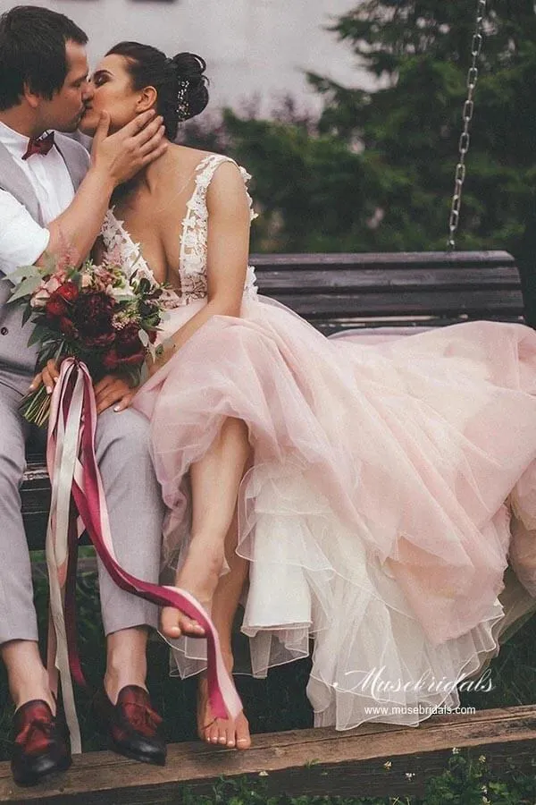 Pink Tulle A-line Backless Wedding Dress With Lace Appliques, Bridal Gown, MW944