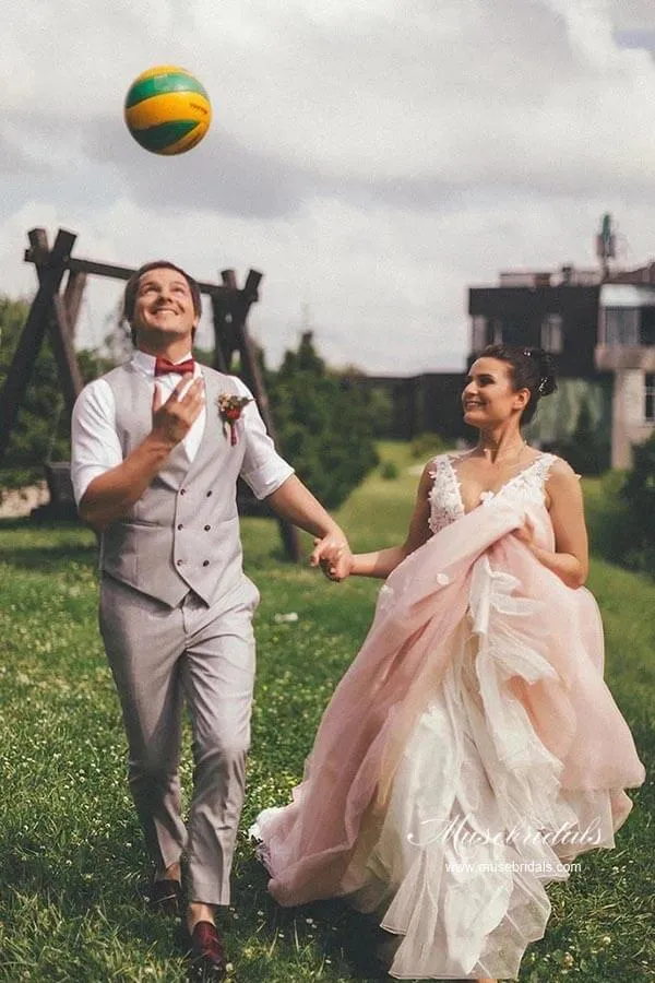 Pink Tulle A-line Backless Wedding Dress With Lace Appliques, Bridal Gown, MW944
