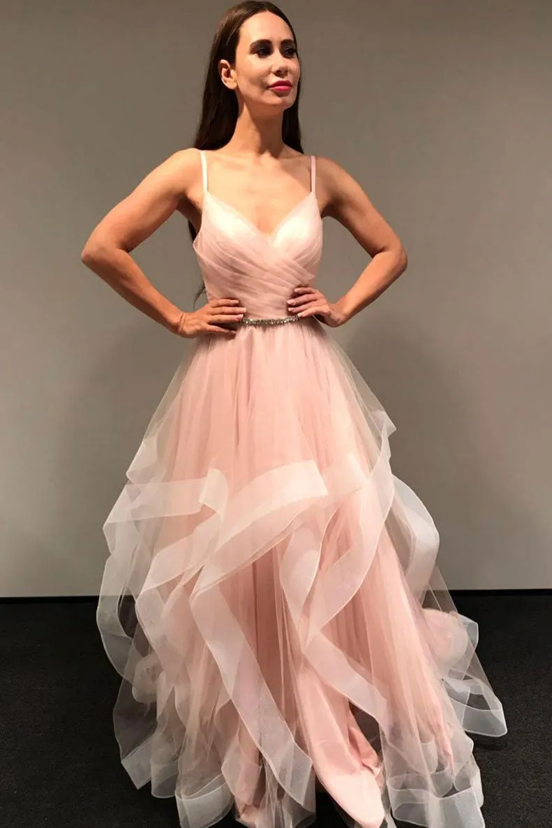 Pink tulle long prom dress, pink tulle formal dress