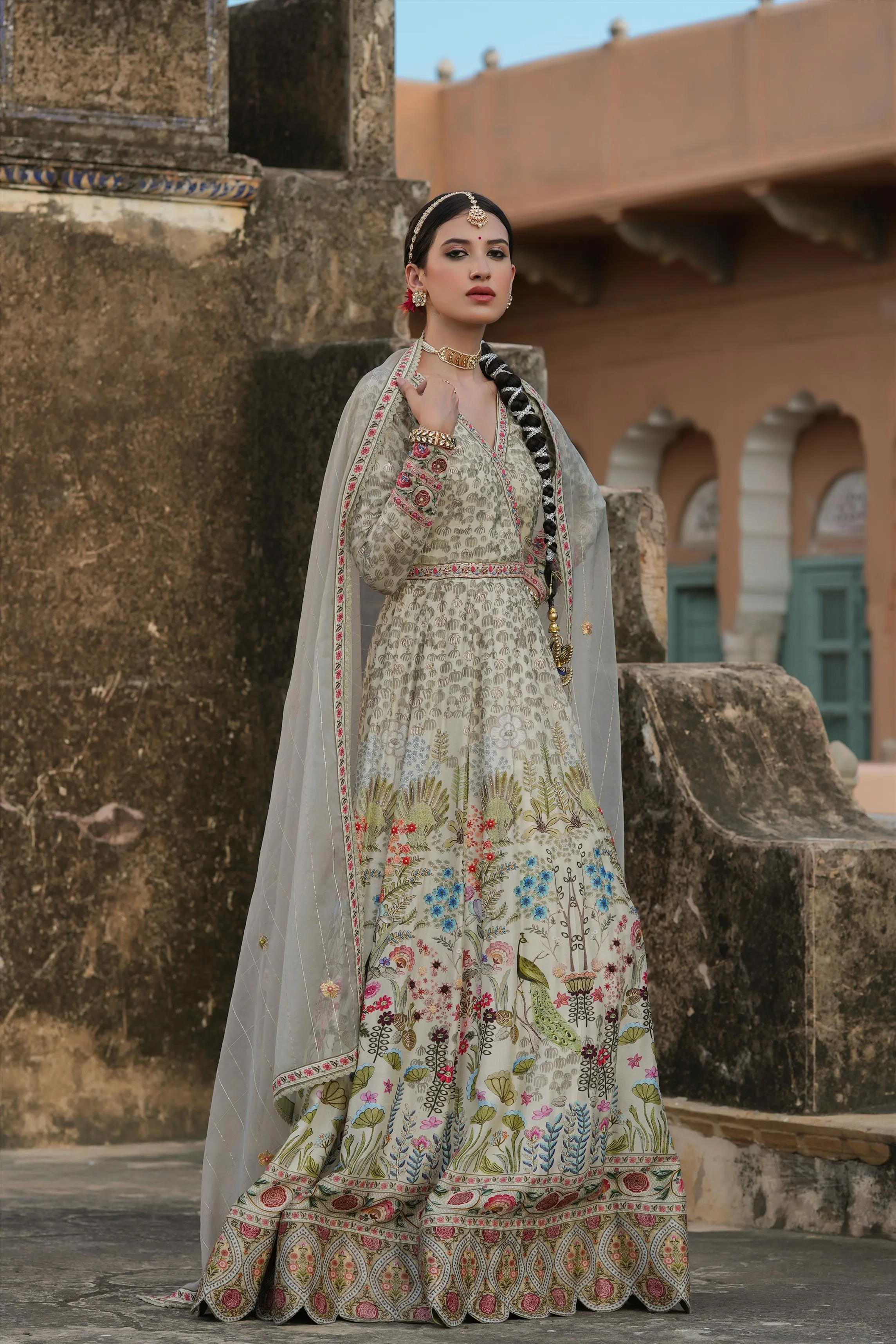 Pistagreen Raw Silk Peacock Bagh Gown With Dupatta