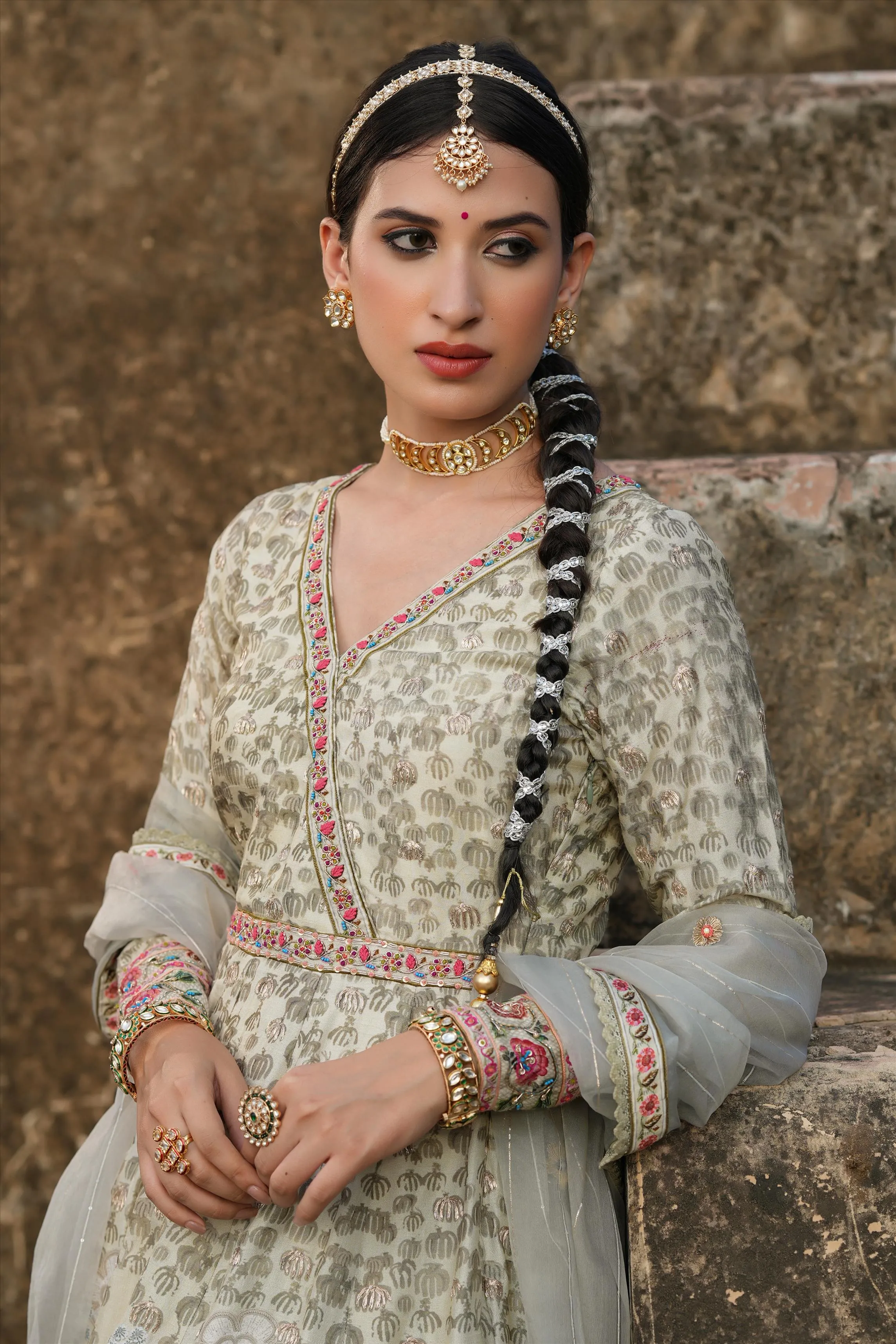 Pistagreen Raw Silk Peacock Bagh Gown With Dupatta