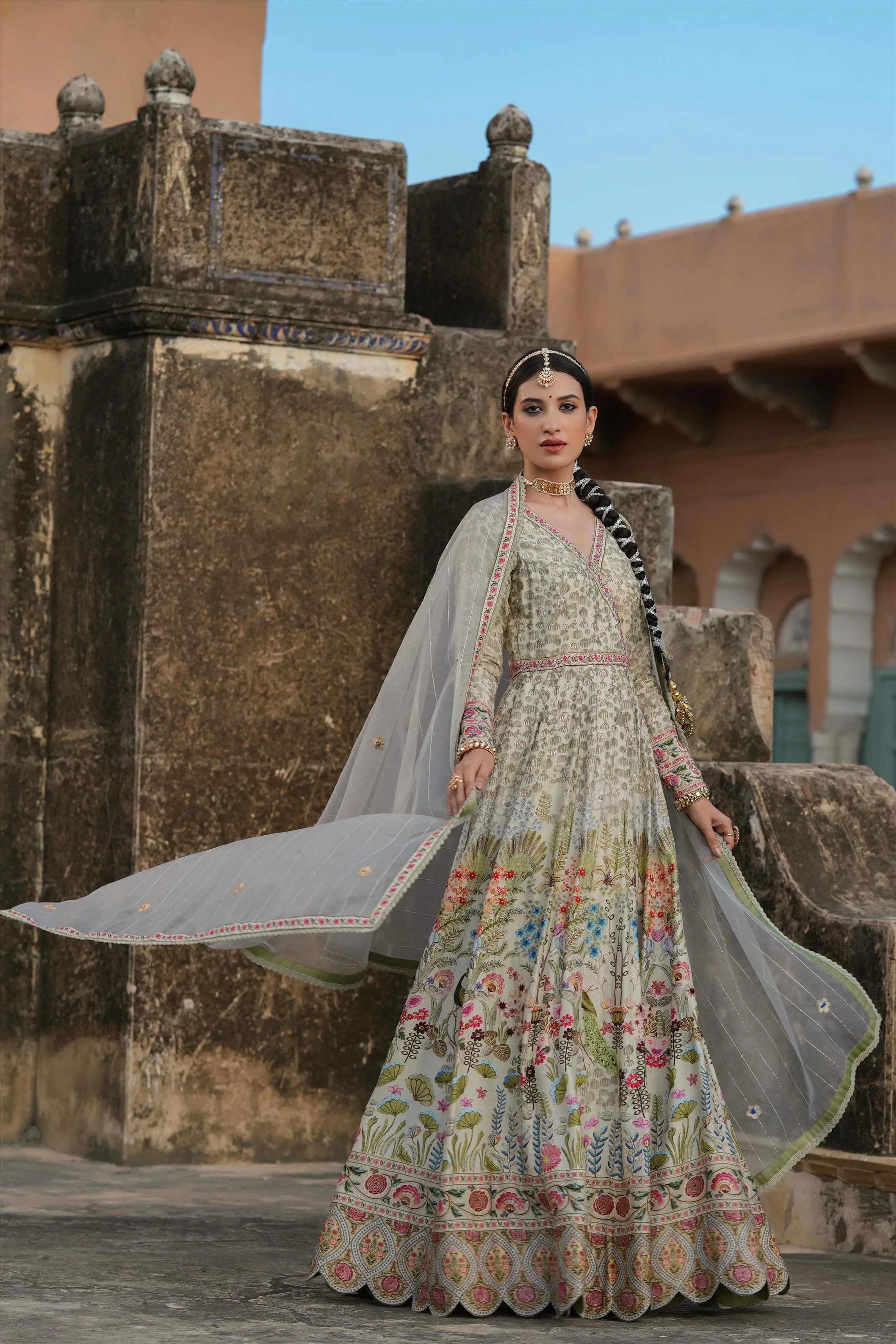 Pistagreen Raw Silk Peacock Bagh Gown With Dupatta