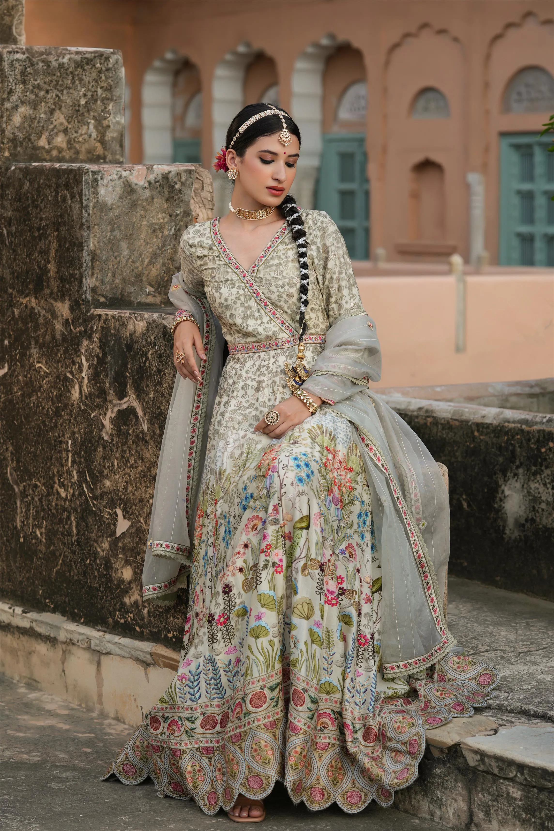Pistagreen Raw Silk Peacock Bagh Gown With Dupatta