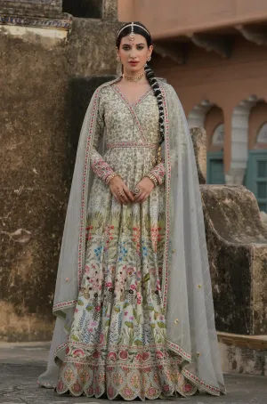 Pistagreen Raw Silk Peacock Bagh Gown With Dupatta