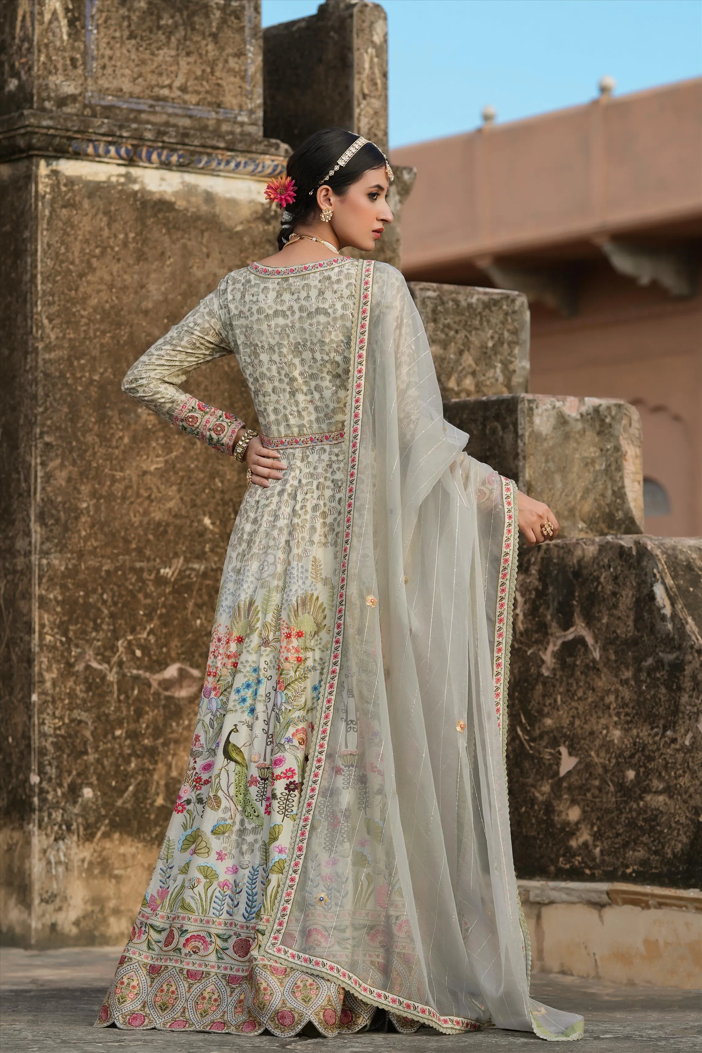 Pistagreen Raw Silk Peacock Bagh Gown With Dupatta