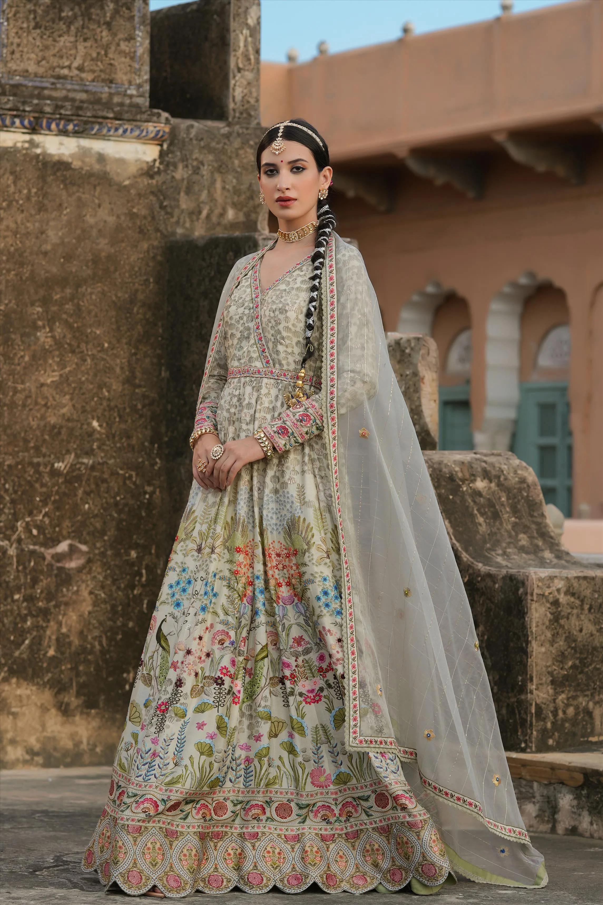 Pistagreen Raw Silk Peacock Bagh Gown With Dupatta