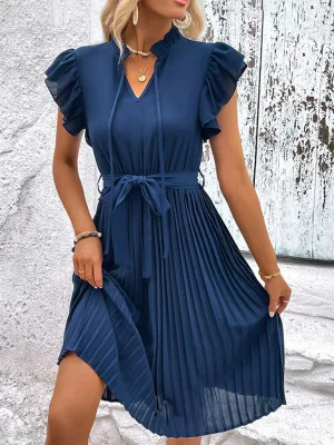 Pleated Dress with Neck Tie and Ruffled Sleeves