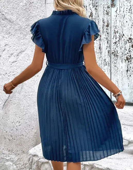 Pleated Dress with Neck Tie and Ruffled Sleeves