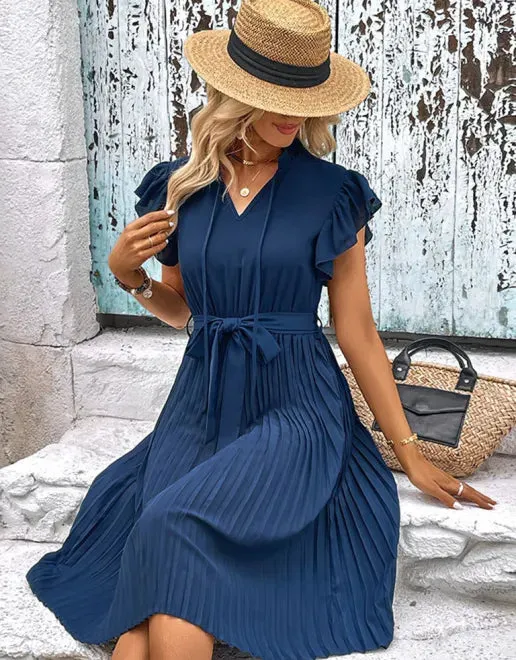 Pleated Dress with Neck Tie and Ruffled Sleeves