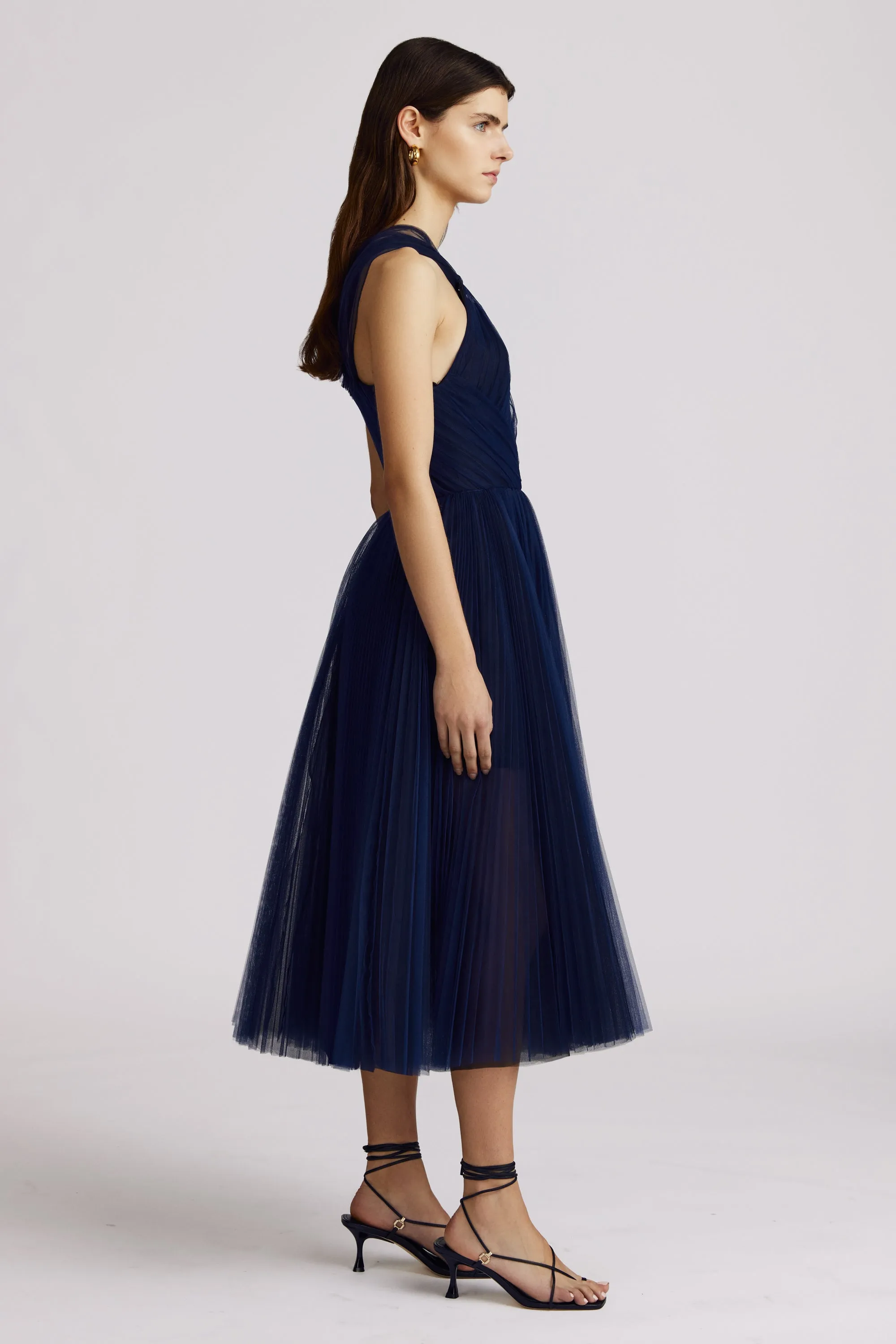 PLEATED HALTER NECK TULLE DRESS