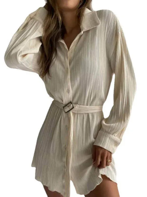 Pleated Long Sleeve Shirt Dress with Belted Waist