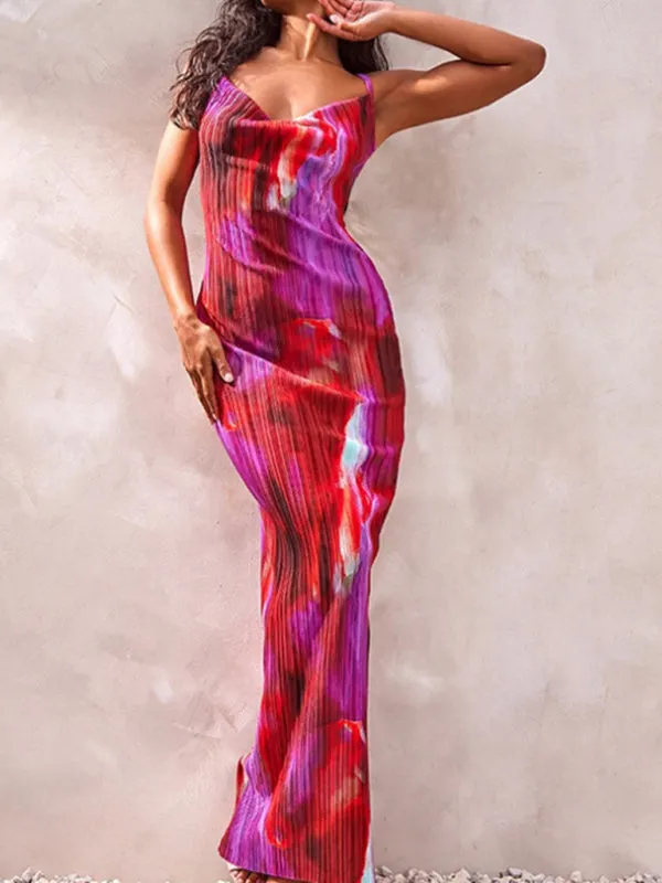 Pleated Maxi Dress with Abstract Print and Spaghetti Straps
