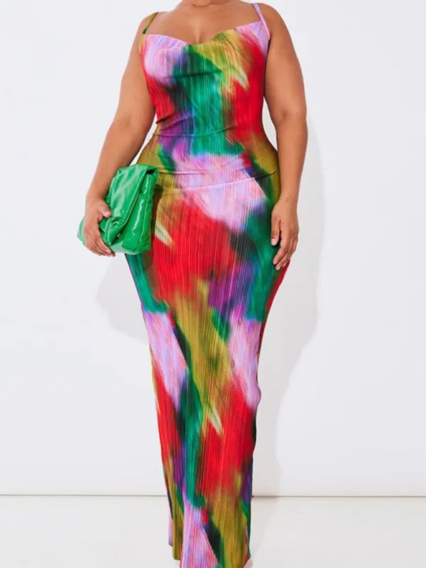 Pleated Maxi Dress with Abstract Print and Spaghetti Straps
