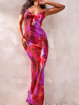 Pleated Maxi Dress with Abstract Print and Spaghetti Straps