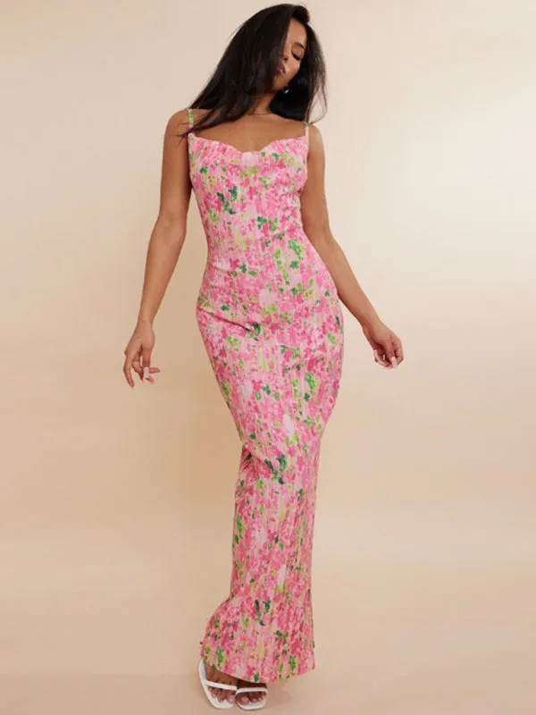 Pleated Maxi Dress with Abstract Print and Spaghetti Straps