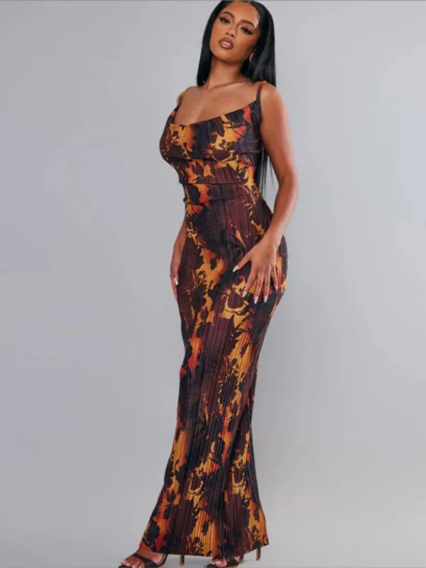 Pleated Maxi Dress with Abstract Print and Spaghetti Straps