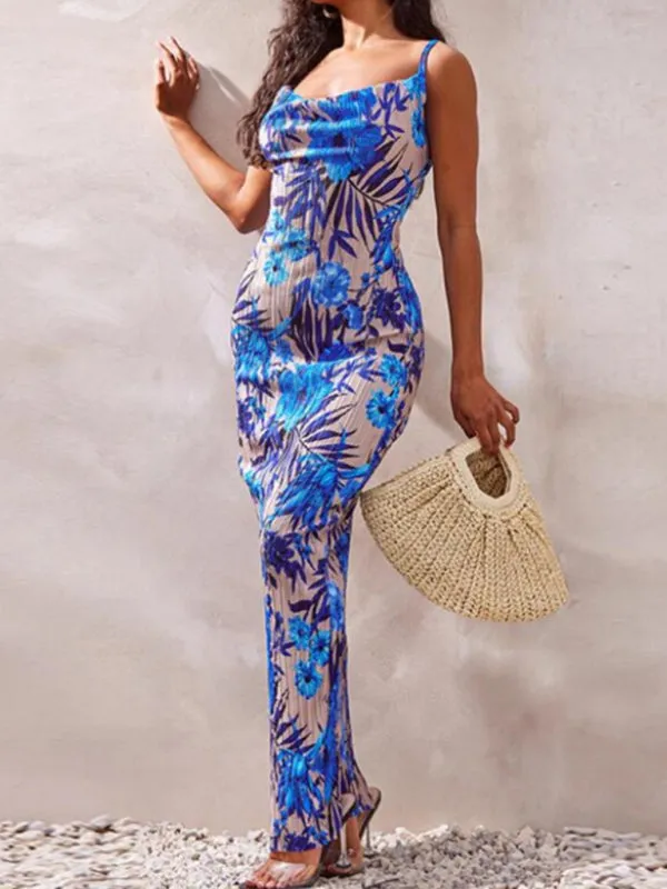 Pleated Maxi Dress with Abstract Print and Spaghetti Straps