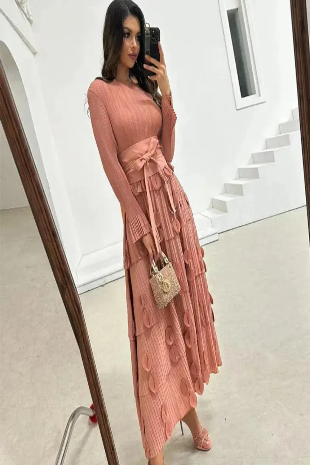 Pleated Socialite Shell Flower Lace-up Pleated Long Dresses