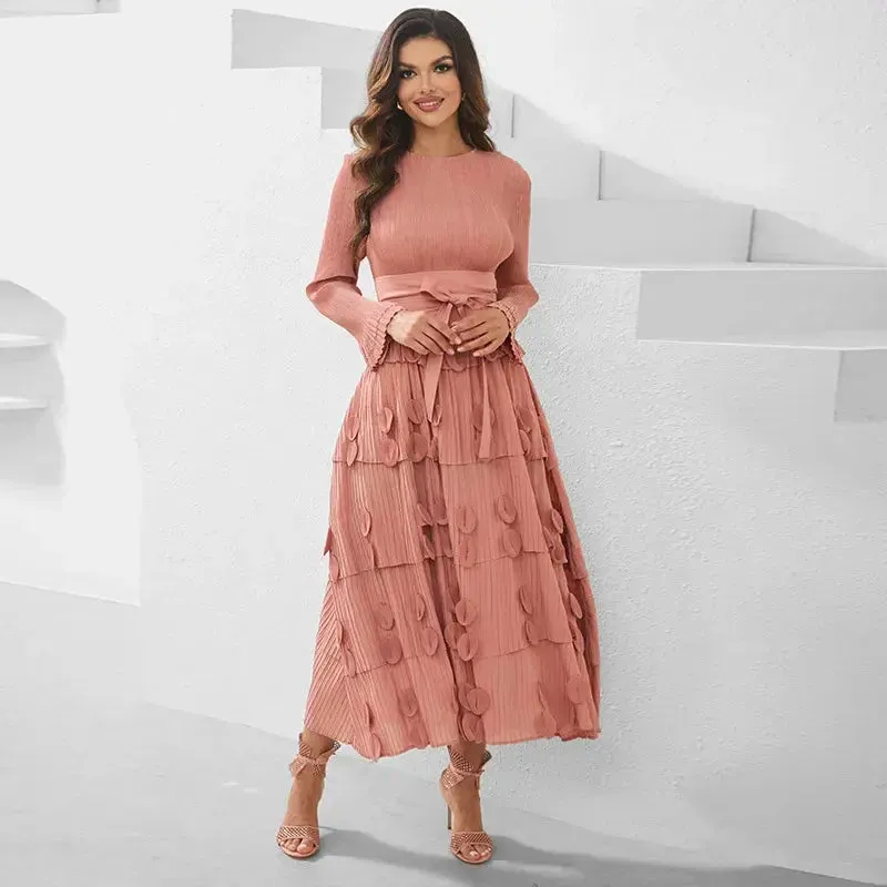 Pleated Socialite Shell Flower Lace-up Pleated Long Dresses